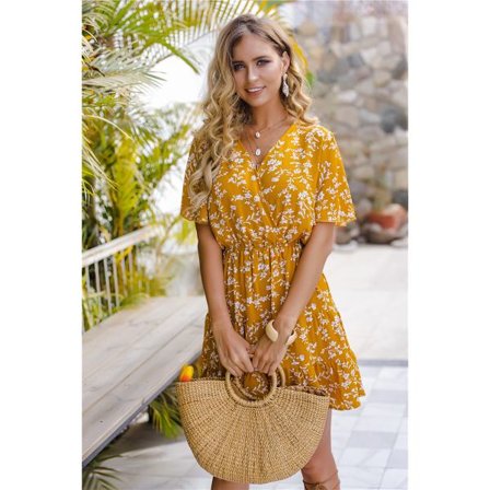 Naisten lyhythihainen V-aukkoinen All Over Print korkeavyötäröinen A-linjainen kesämekko