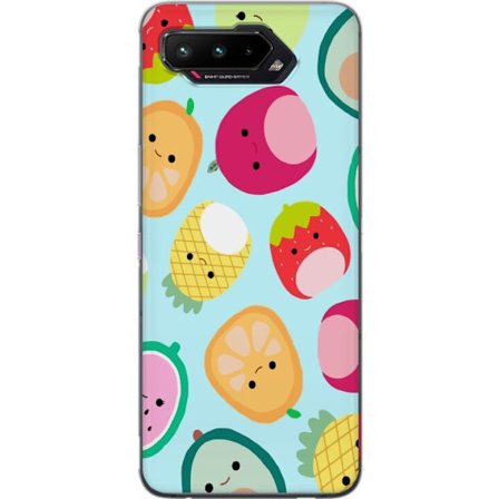 Yhteensopiva Puhelinkuori Asus ROG Phone 5 Kawaii-hedelmien kuvioita, kuten mansikkaa, sitruunaa, ananasta ja avokadoa vaaleansinisellä taustalla