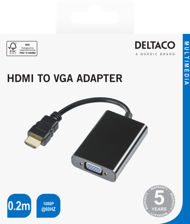 Deltaco HDMI - VGA adapter, 1920x1080 60Hz, 0.2m, black