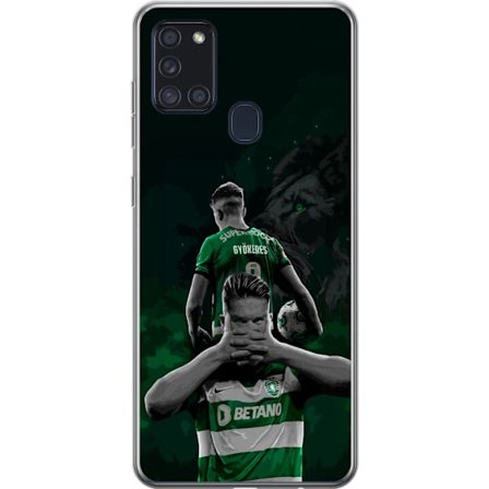 Kompatibel Mobilcover til Samsung Galaxy A21s Neonmotiv med teksten "Gaming er i mit DNA" på en blå og rød murvæg med en lysende DNA-spiral.