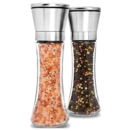 2-delt sett Premium salt- og pepperkvern i rustfritt stål, justerbar keramisk havsaltkvern, pepperkvern, høye salt- og pepperbøsser i glass