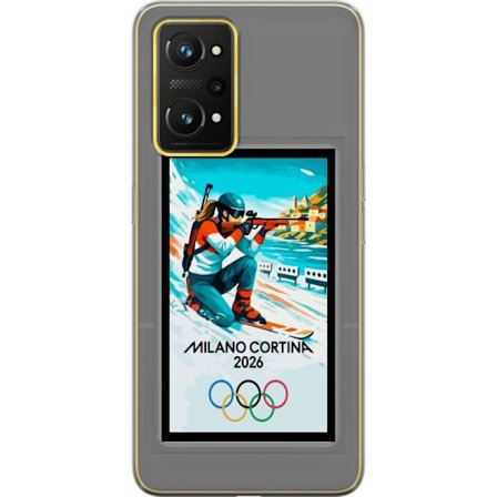 Yhteensopiva Puhelinkuori Realme GT Neo 3T Retrojuliste Cortina Milano 2026 vuorilla, talviurheilijoilla, italiankoloreilla, Milanon tuomiokirkolla ja