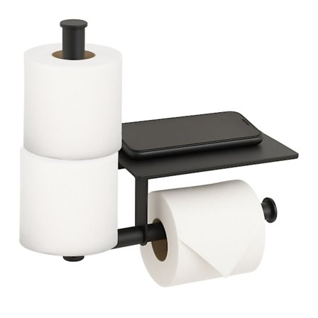 Väggmonterad toalettrullehållare i metall med hylla