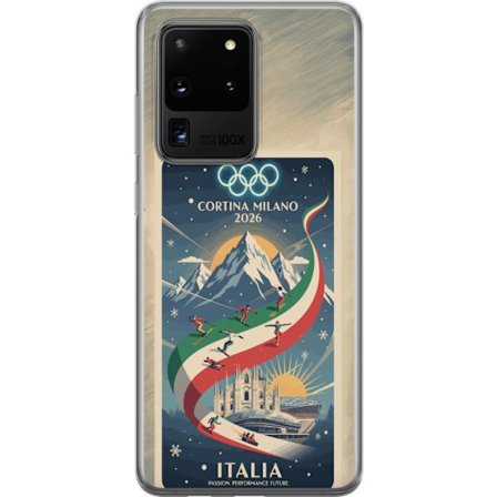 Kompatibelt Mobildeksel til Samsung Galaxy S20 Ultra Skiskytterillustrasjon med skiløper som sikter med gevær på en snødekt løype, teksten Milano Cort