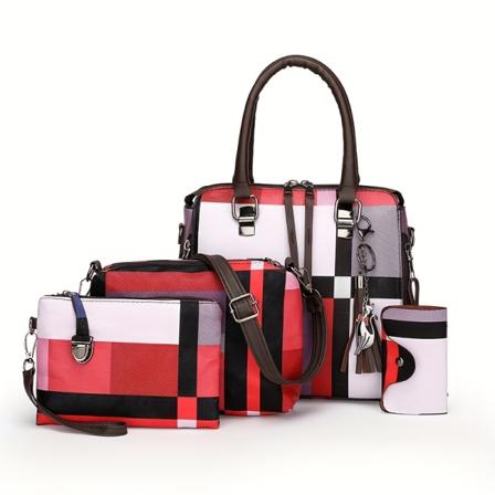 4st färgblock rutmönster handväska set, tofs dekor tygväska med crossbody väska & clutch handväska & korthållare Red
