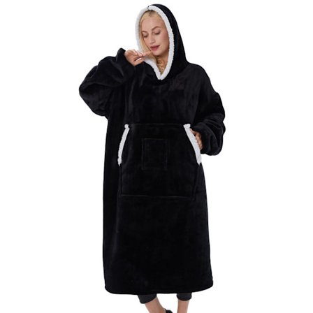 Vinter Bärbar Filt Hoodie Flanell Sherpa Fleece Filt Sweatshirt för Vuxna Dam Herr Komfort Huvtröja Filt med Huva Dubbla Fickor (Svart)