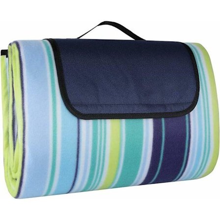200 x 200 cm Stor Vattentät och Sandtät Picknickfilt, 3-lagers Strandfilt med Bärhandtag, Utomhus Picknickmatta (Blå Vertikala Ränder)