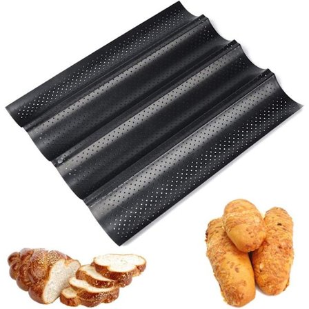 Stor, Svart, Non-Stick Perforert Baguetteform for Fransk Brød, ZQKLA