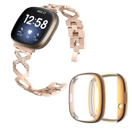 Fitbit Sense / Versa 3 X-formad strassdekor klockarmband med roséguldfodral - Guld