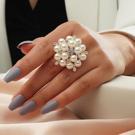 Elegant White Pearl Crystal Flower Kvinder Ring smykker Accessori
