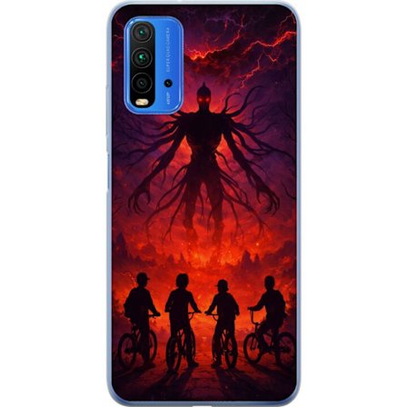 Kompatibelt Mobilskal till Xiaomi Xiaomi Redmi 9T Mörk fantasyillustration inspirerad av Stranger Things med övernaturlig varelse, blixtar och cykla