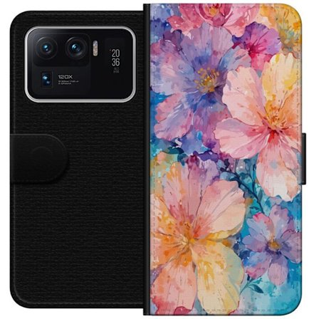 Kompatibelt Lommeboketui til Xiaomi Xiaomi Mi 11 Ultra Akvarellmaling med store blomster i rosa, blå og gule toner i en myk kunstnerisk stil.