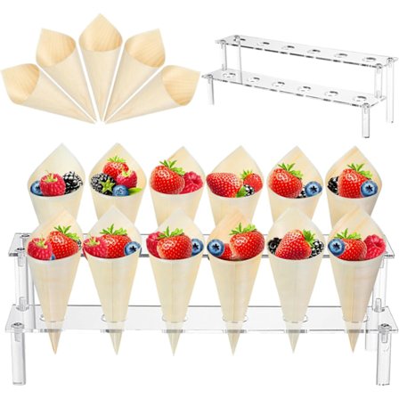 100 Stykker Engangs Tre-kjegler Vintage Tre Matkjegler med 12 Hull Matkjegle Displaystativ Kjegleholder