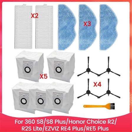 Til 360 S8/S8 Plus/ Choice R2/R2S Lite/ RE4 Plus/RE5 Plus Reservedele Børste Filter Støvpose M