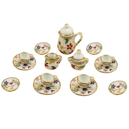 Farfi 15-dels set med miniatyrdockhus i keramik med blommiga tekannor, koppar och fat, leksak