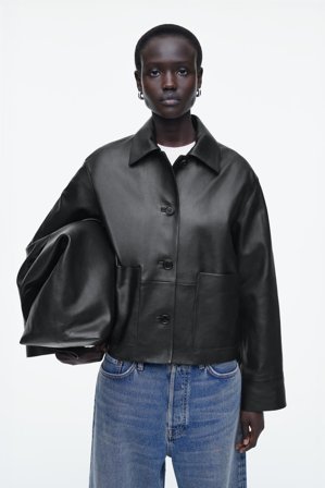 COS Women's Boxy Collared Leather Jacket in Black
