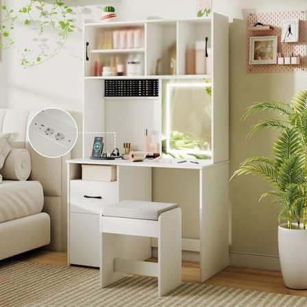 Frisör och Pallar med Spegel COSTWAY, Justerbara Ljus, Laddstation, 3 Belysningslägen, Låda, Smyckesförvaring