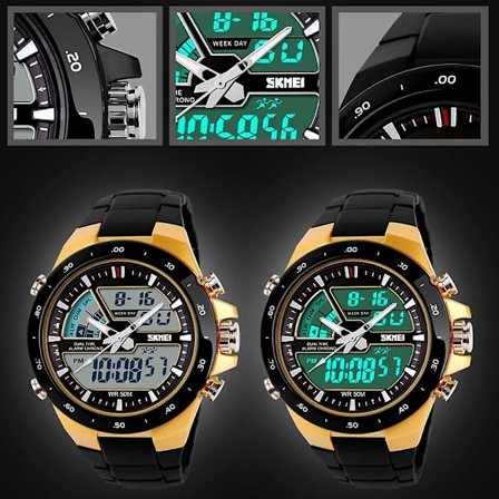 Ur til mænd, ur til sport, kvartsur til håndled, analogt digitalt, vandtæt, militær (FMY)