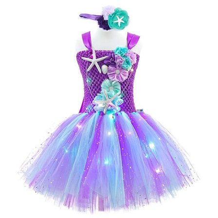 3-10 År Havfruekostyme Jenter Barn LED Lys Opp Kjole Med Hodebånd Festkjole Gaver - Lilla