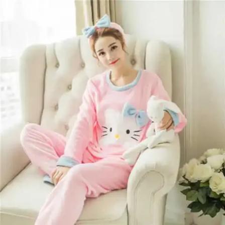 Kvindernes efterår vinter koral fleece foret tegneserie pyjamas studerende varmt hjemmetøj flanel materiale fortykket fleece KT cat pink XL