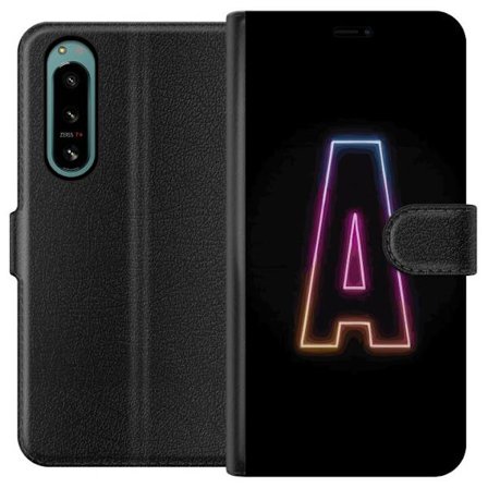 Yhteensopiva Lompakkokotelo Sony Sony Xperia 5 IV Minimalistinen neonkirjain A sateenkaarenvärisessä valossa mustaa taustaa vasten modernissa typogr