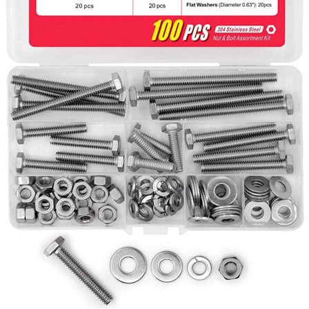 100 STK Skruer Bolte og møtrikker Flade & Låseskiver Sortiment