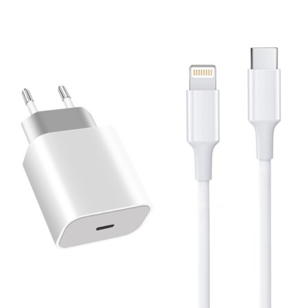 Väggladdare USB-C PD 20W + 2M Lightning Kabel iPhone Vit