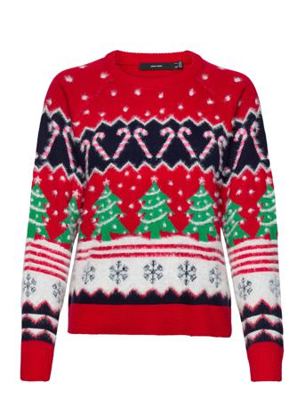 Vmxmasallover Ls O-Neck Blouse Xmas Villapaita Punainen Vero Moda