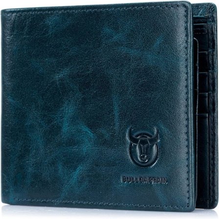RFID-lommebøker for menn, slank bifold ekte skinn lommebok for frontlomme med 2 ID-vinduer QB-05 (Peacock Blue)