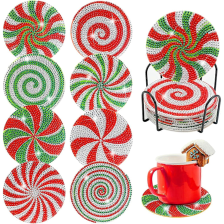 8 stk. jule diamantmaleri coasters, 5D jule diamantmaleri coasters (Candy)