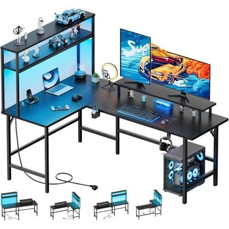 HLONONE-toimisto, Pelipöytä LED 170 x 100 cm, säilytyksellä, pelaajapöytä integroituun pistorasiaan & USB-porttiin, musta