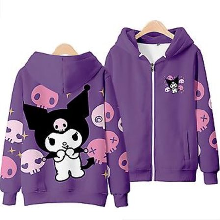 Dame Hoodie med Lynlås Sanrio Kuromi Sød Tegneserie Trykt Jakke Casual Hoodie Tops Julegaver (3XL A)
