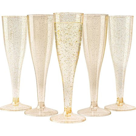 48 Premium Muovista Valmistettua Samppanjalasia Kultaglitterillä, 133 ml - Uudelleenkäytettävät Samppanjalasit, Muovilasit, Proseccolasit 