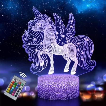 Enhörningsnattlampa för barn och baby, uppladdningsbar 3D Illusion-lampa 16 skiftande färger med fjärrkontroll, födelsedag och