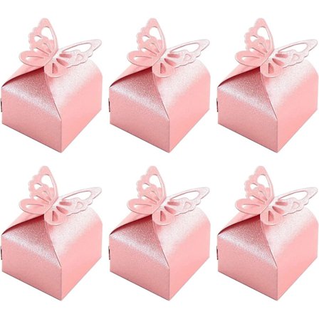 50 stk Bryllupsgaveæsker, Rosa Sommerfugledekoreret Slikæsker til Jubilæumstema Fødselsdagsfest