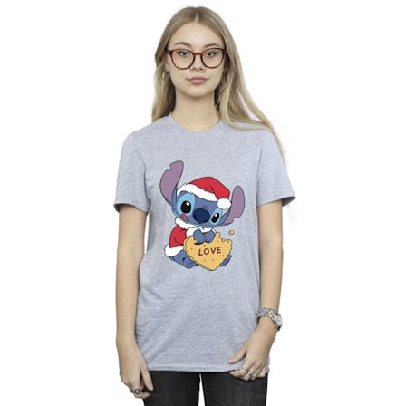 Disney Dam/Dam Lilo Och Stitch Jul Kärlek Biscuit Bomull Boyfriend T-Shirt M Sports Grey