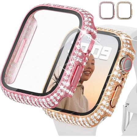 2-pak Bling-etui til Apple Watch Series 7 41mm med indbygget hærdet glas skærmbeskytter, fuld Bling-dækning krystal diamanter cover til iWatch