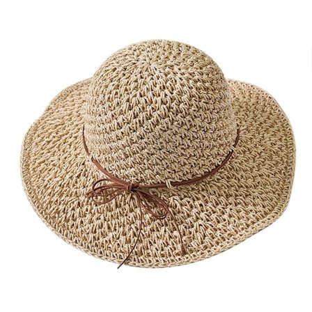 Dam solhatt i halm, hopfällbar solhatt med bred brätte, solhatt med rosett, justerbar strandhatt, elegant hinkhatt, skyddande hatt, beige