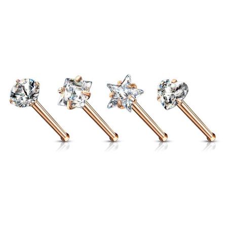 Pack 4 st. Näspiercing i Rosgeuldpläterad 316L stål med 3 mm CZ Guld