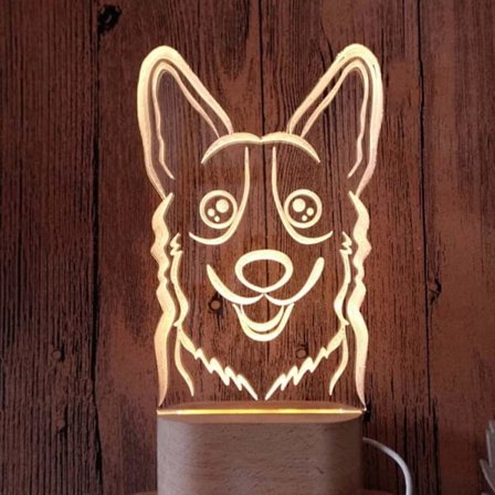 3D Illusion Natlys Visual Lampe 3D Optisk Illusion Lys Hvalpe Hund Soveværelse Natlys Dekoration Bordlampe, USB Drevet Berøringskontakt Dekoration, 