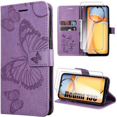 Coque - Xiaomi - Redmi 13C - Syntetiskt Läder - Fjärilsmönster - Kortfodral och Ställning