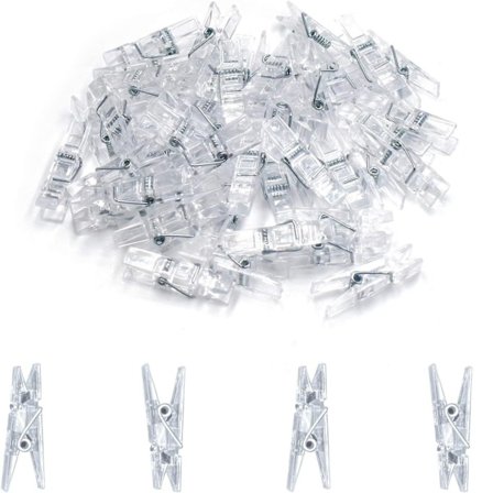 128 stk. Mini gjennomsiktige plastclips, permer, fotoclips, klesklype
