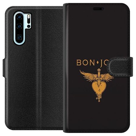 Kompatibelt Plånboksfodral till Huawei Huawei P30 Pro Ikonisk musikillustration med bevingat hjärta och dolk i guldtoner på mörk bakgrund, kraftfu