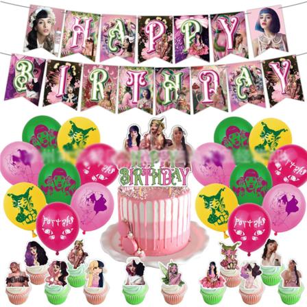 Melanie Martinez Pojkar Flickor Barn Födelsedagsfest Tillbehör Ballonger Banner Tårta Topper Fest Dekoration Set