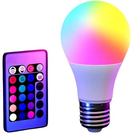 1 stk. Flerfarget LED-pære 9W med fjernkontroll, 16 farger og 5 lysmoduser