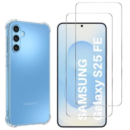 Stødabsorberende cover - PHONILLICO - Samsung Galaxy S25 FE - Fleksibel - Transparent - 2 hærdede glas