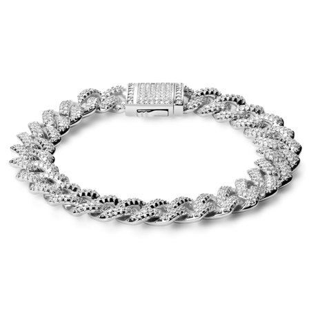 Nicos | Pulsera efecto hielo de cadena cubana diamantada y circonitas plateada de 12 mm para hombres - Pulseras de cadena