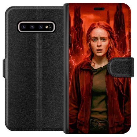 Kompatibelt Plånboksfodral till Samsung Galaxy S10+ Porträtt av en ung kvinna med rött hår i en apokalyptisk landskap, röda blixtar och mörka kl