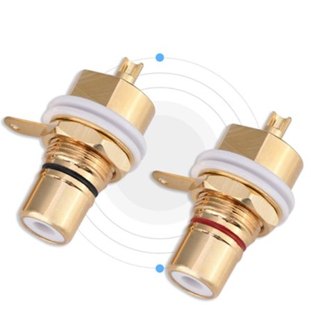 2 stk. gullbelagte kobber RCA panelmonterte hunnkontaktterminaler lydkontakt