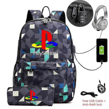 2 st/parti PS4 Playstation Canvas Ryggsäck Med Pennfodral Skolväska USB Laddning Skolväska Laptop Sport Mochila Escolar D 18 tum